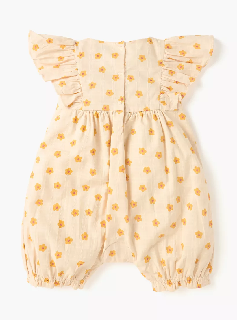 Juniors Floral Print Romper with Ruffle Sleeves and Button Closure-2
