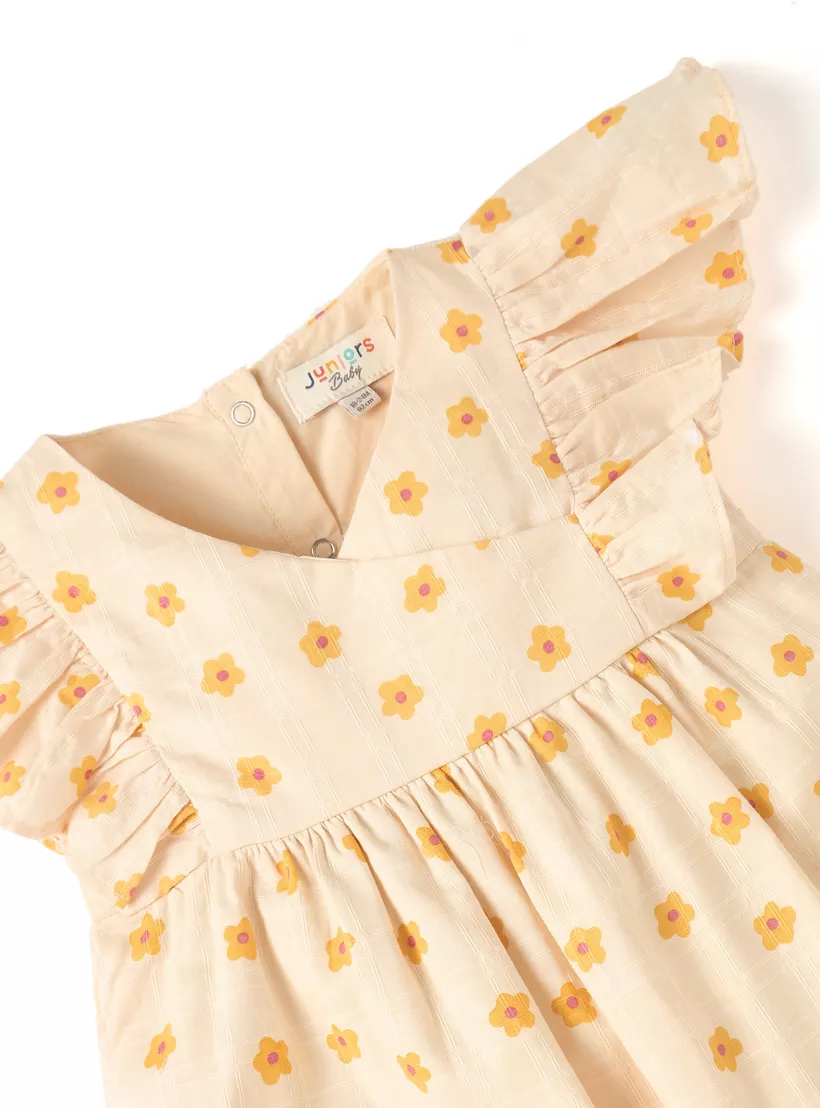 Juniors Floral Print Romper with Ruffle Sleeves and Button Closure-3