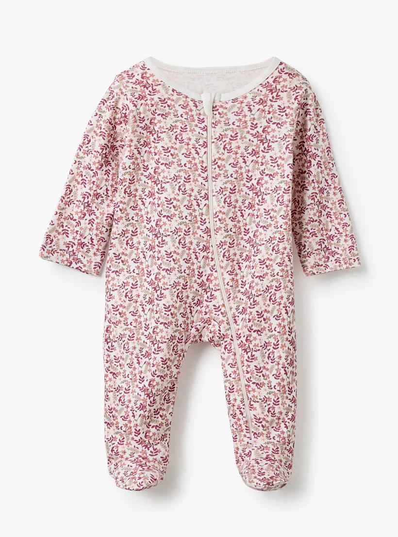 Juniors Floral Print Round Neck Sleepsuit with Zip Closure - Set of 5-6