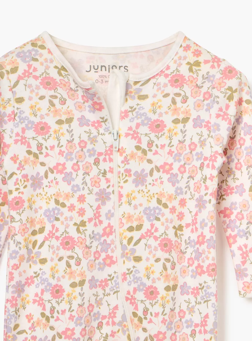 Juniors Floral Print Sleepsuit with Long Sleeves and Zip Closure-3