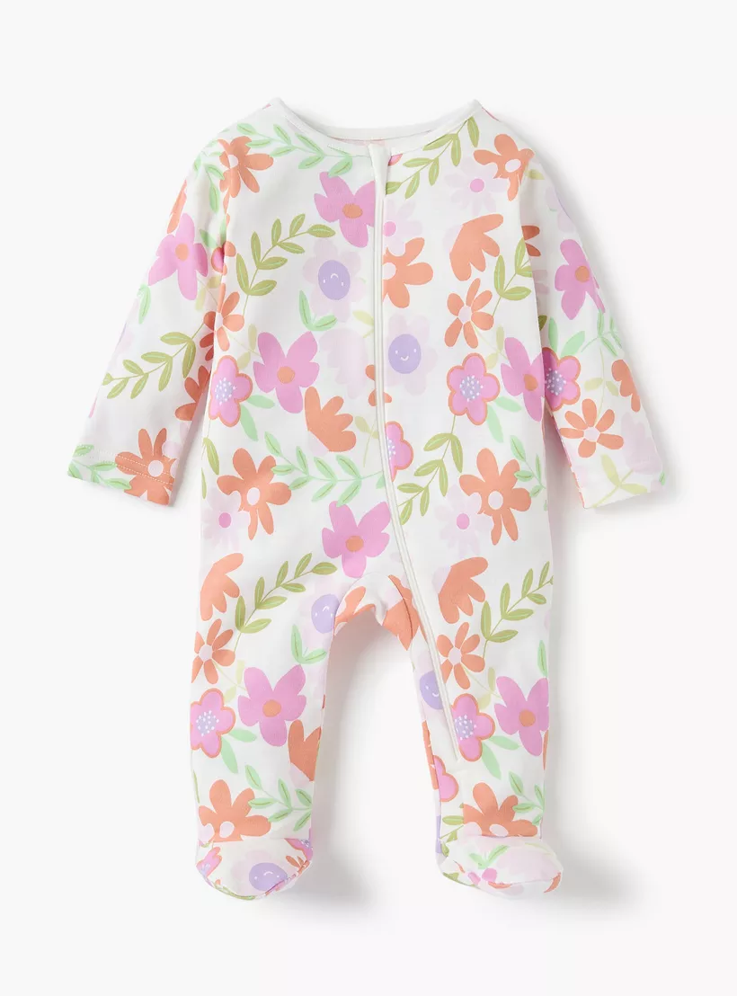 Juniors Floral Print Sleepsuit with Round Neck and Zip Closure - Set of 3-2