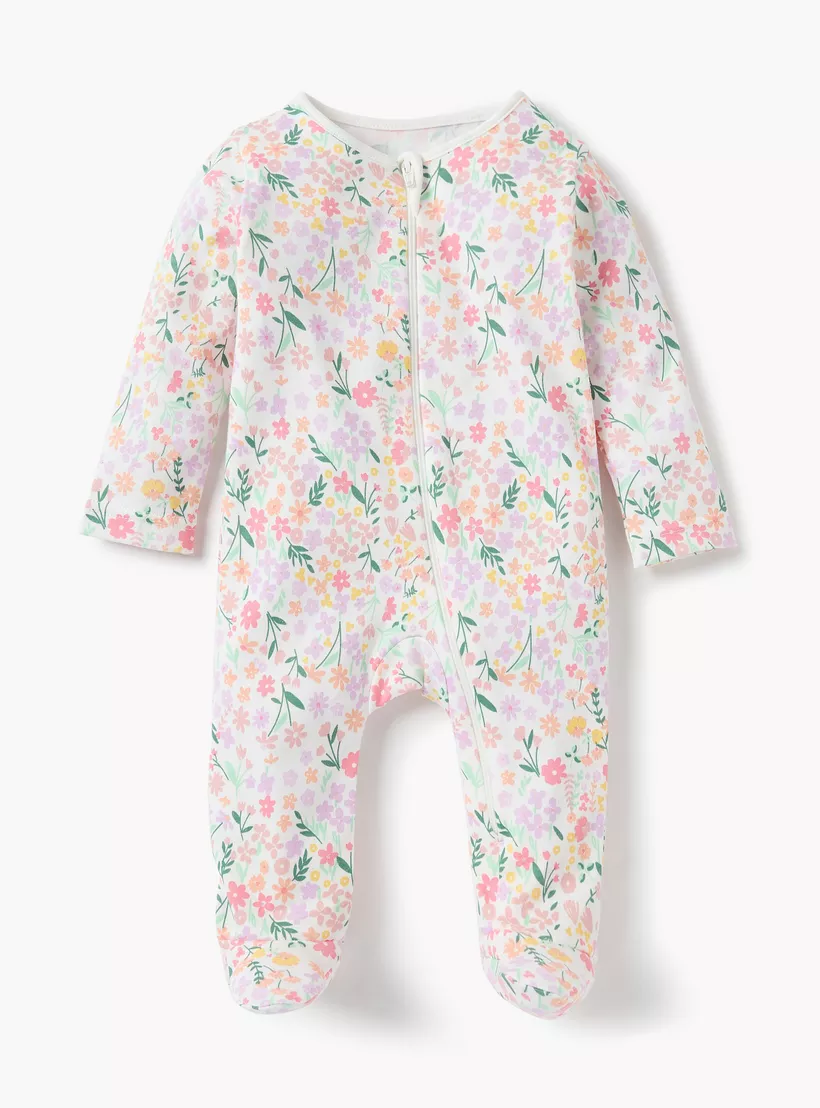 Juniors Floral Print Sleepsuit with Round Neck and Zip Closure - Set of 3-4