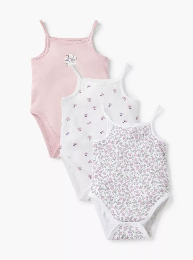 Juniors Floral Print Strappy Bodysuit with Snap Button Closure - Set of 3-1