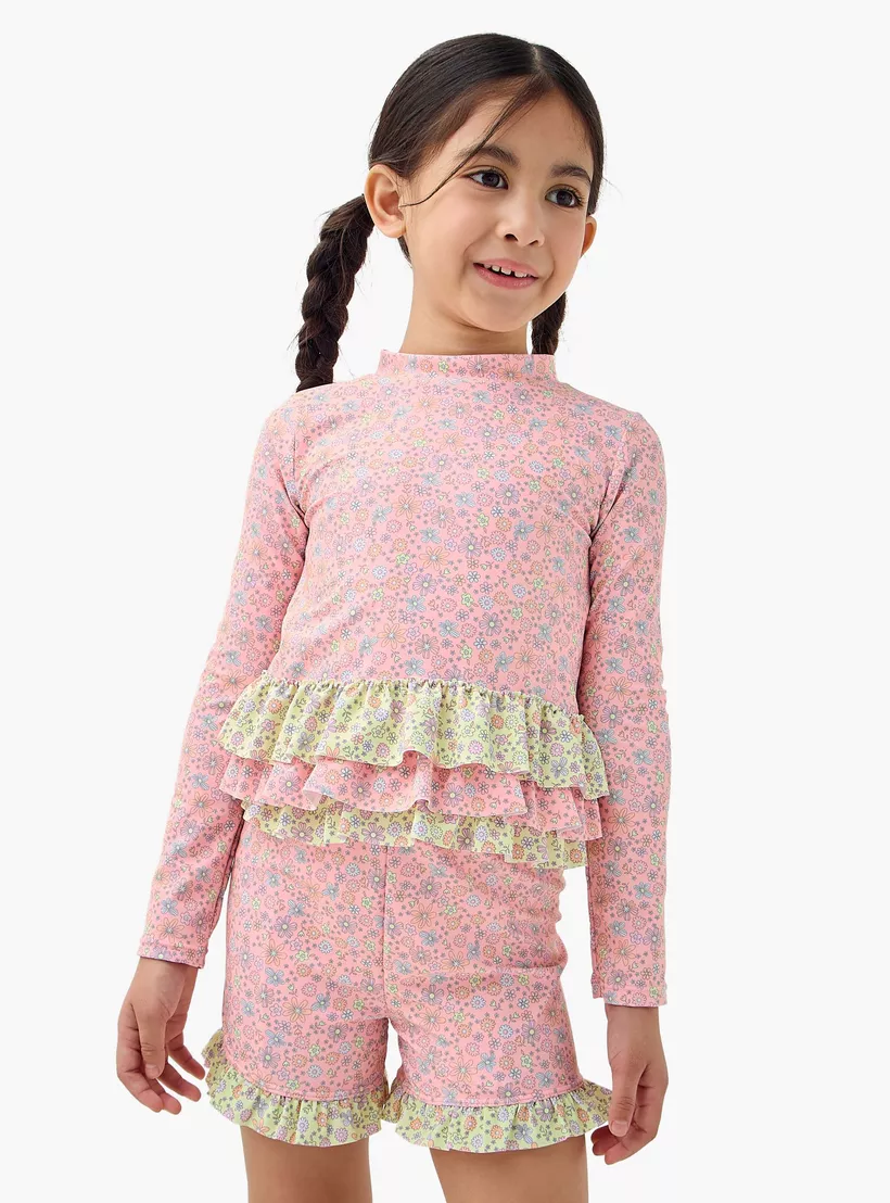 Juniors Floral Print Swim T-shirt and Shorts Set-2