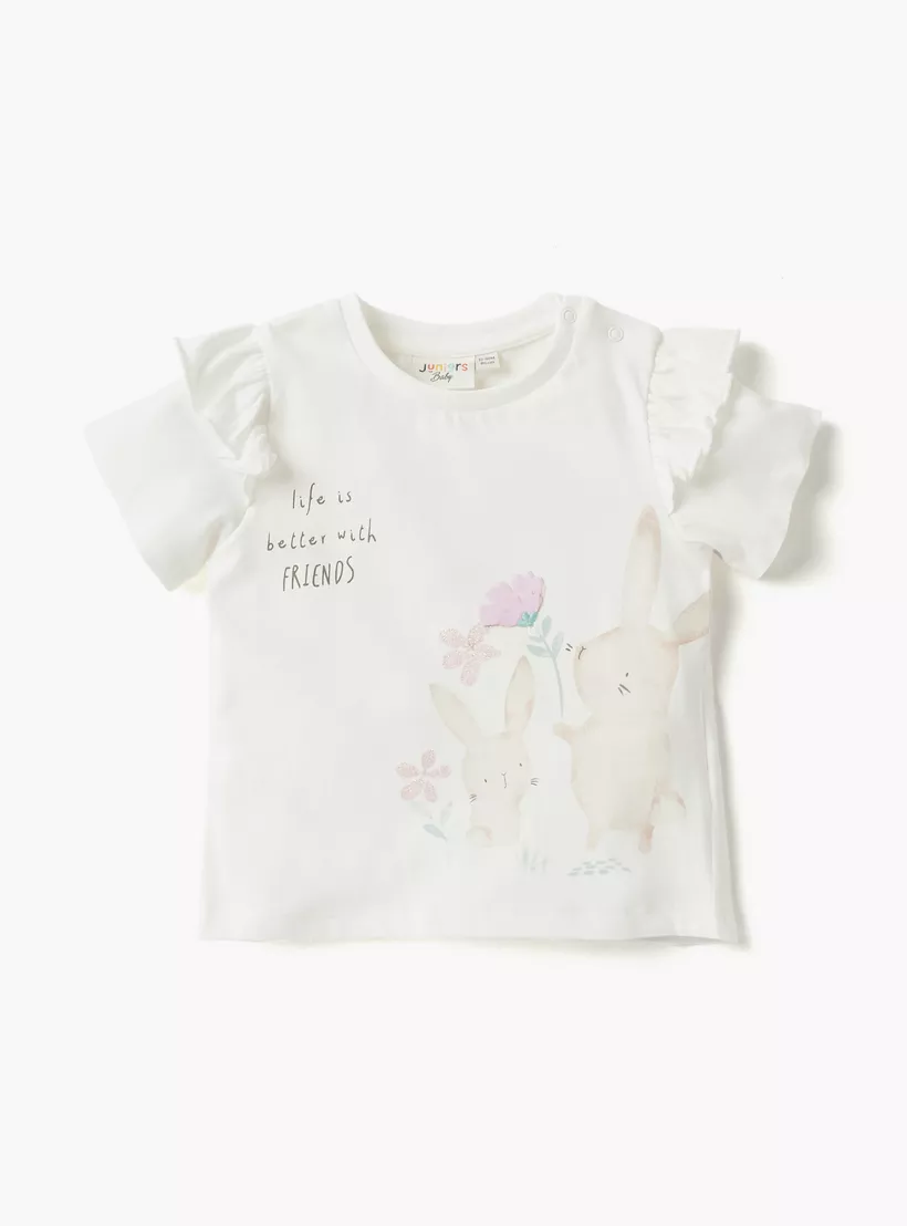 Juniors Graphic Print Crew Neck T-shirt with Ruffle Detail - Set of 2-2