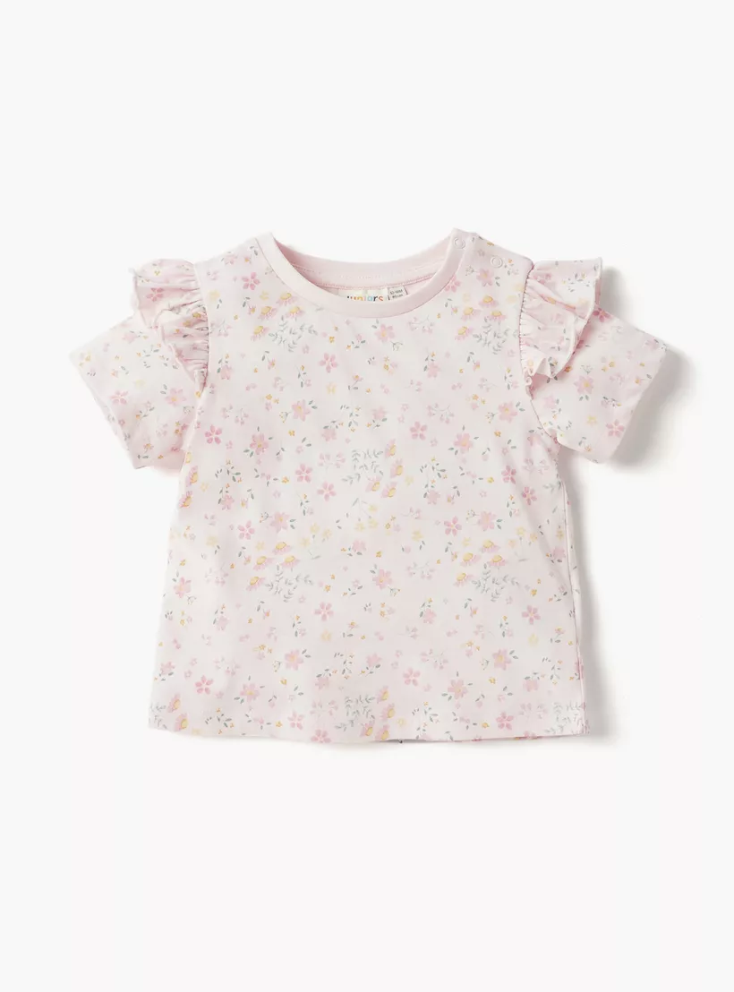 Juniors Graphic Print Crew Neck T-shirt with Ruffle Detail - Set of 2-3