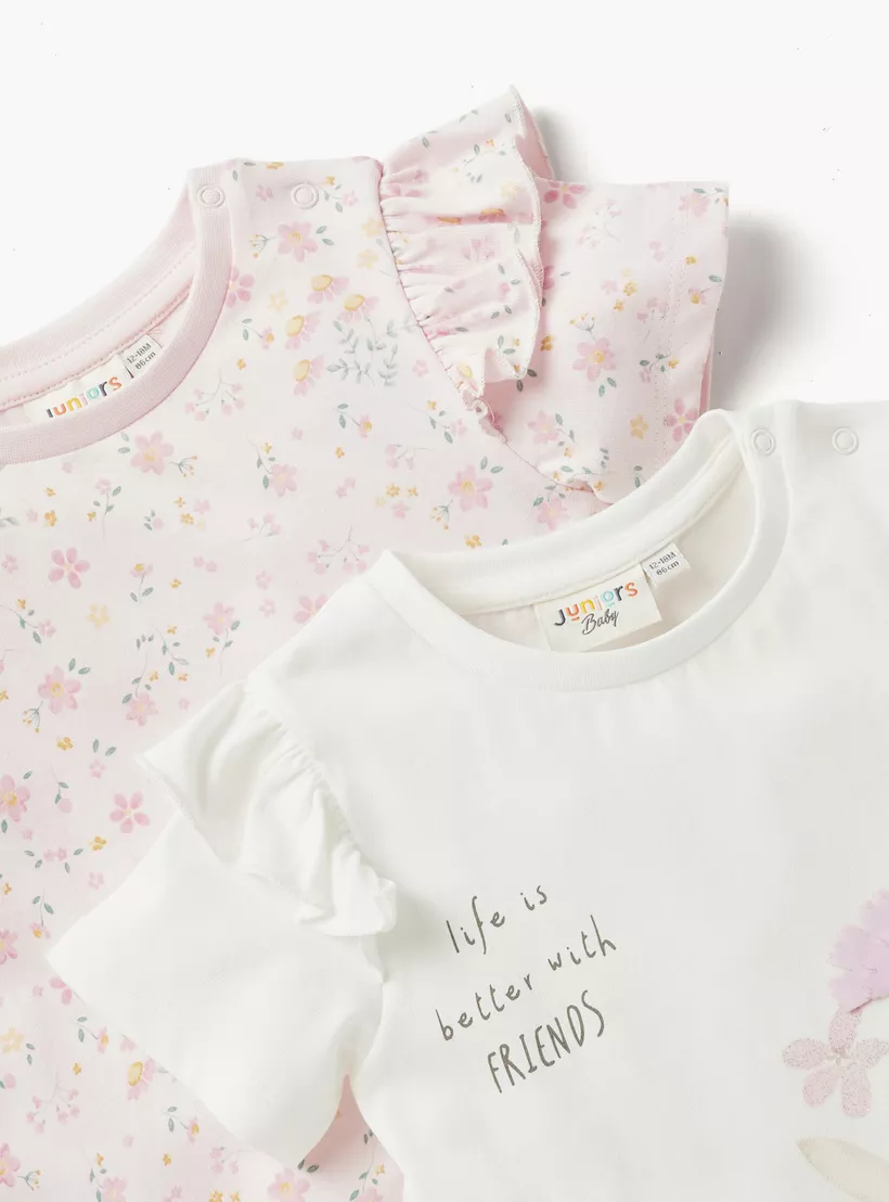 Juniors Graphic Print Crew Neck T-shirt with Ruffle Detail - Set of 2-4