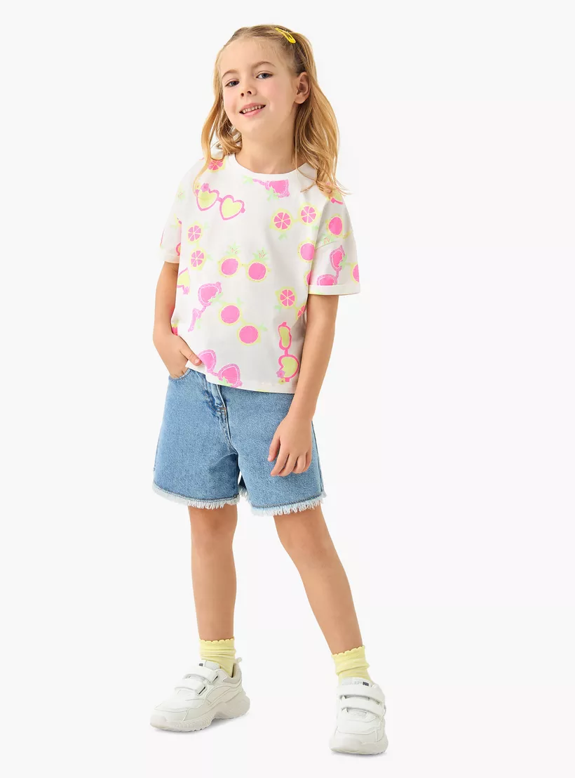 Juniors Graphic Print Crew Neck T-shirt with Short Sleeves-2