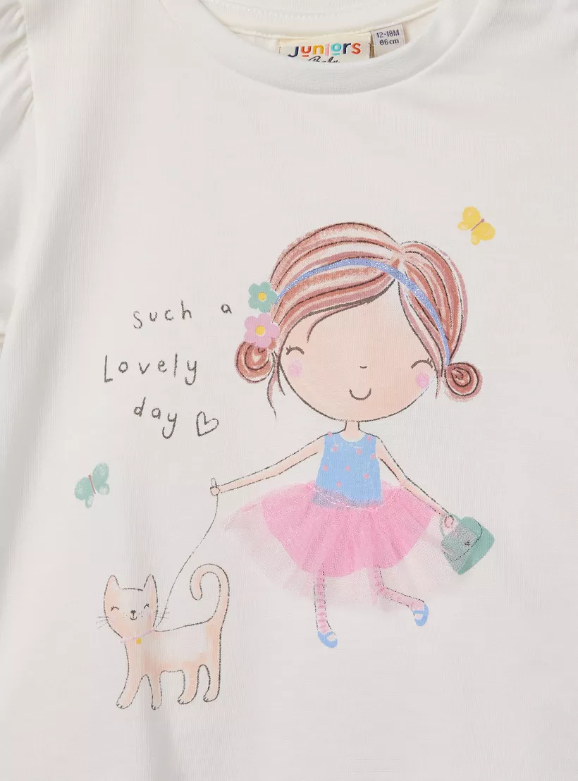 Juniors Graphic Print T-shirt with Short Sleeves-4