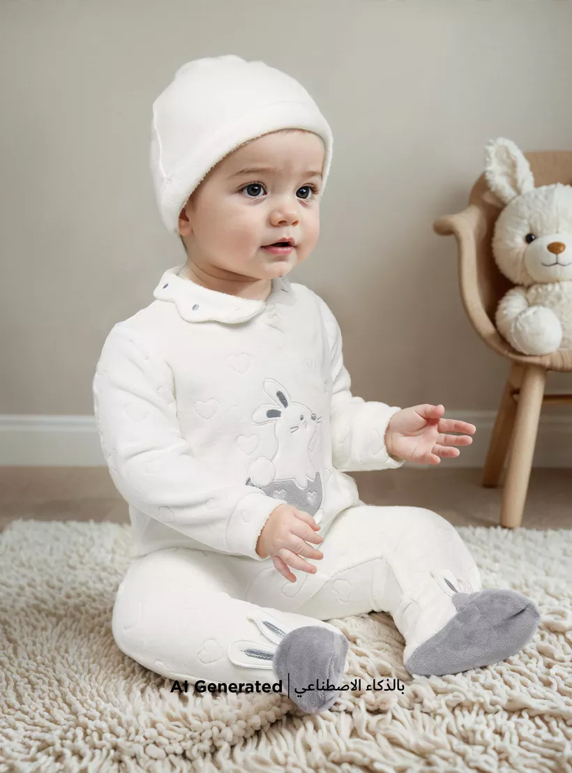 Juniors Heart Embossed Velour Closed Feet Sleepsuit with Cap-4