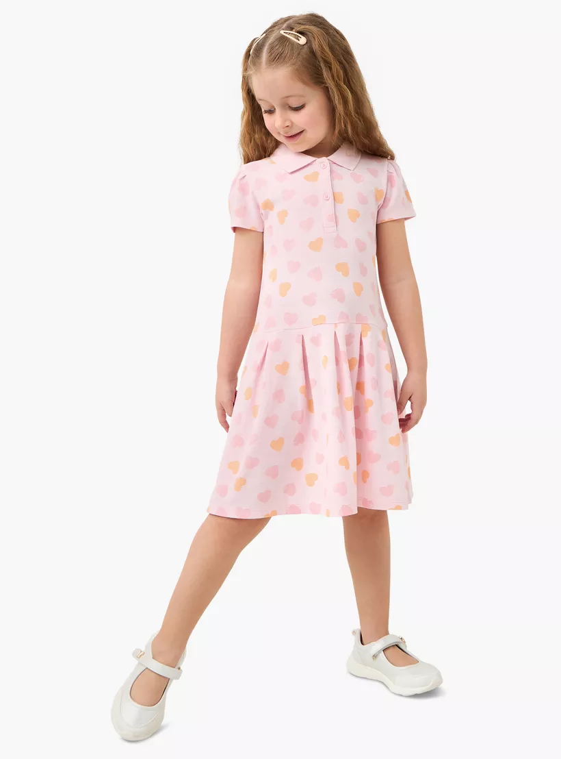 Juniors Heart Print Polo Dress with Short Sleeves-2