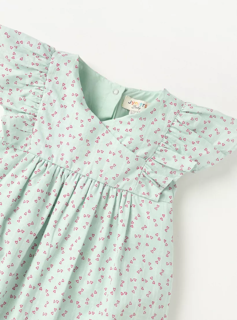 Juniors Heart Print Romper with Ruffle Sleeves and Button Closure-3