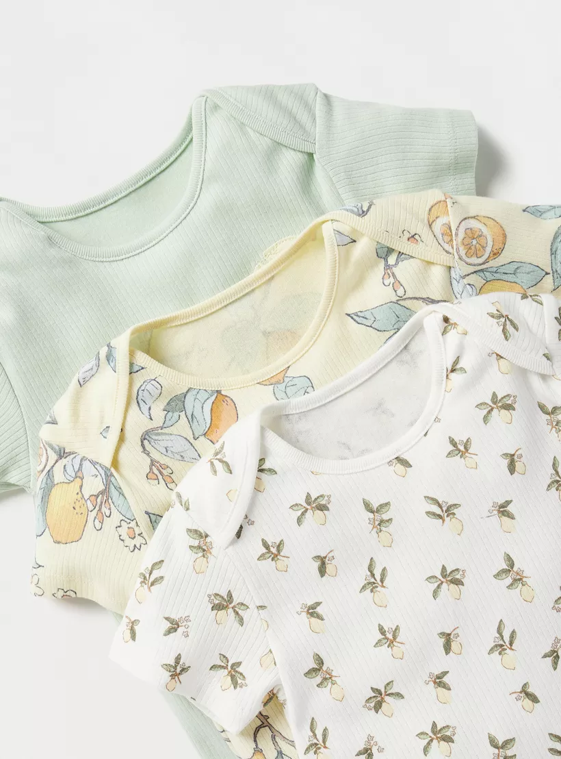 Juniors Lemon Print Bodysuit with Envelope Neck and Button Closure - Set of 3-5
