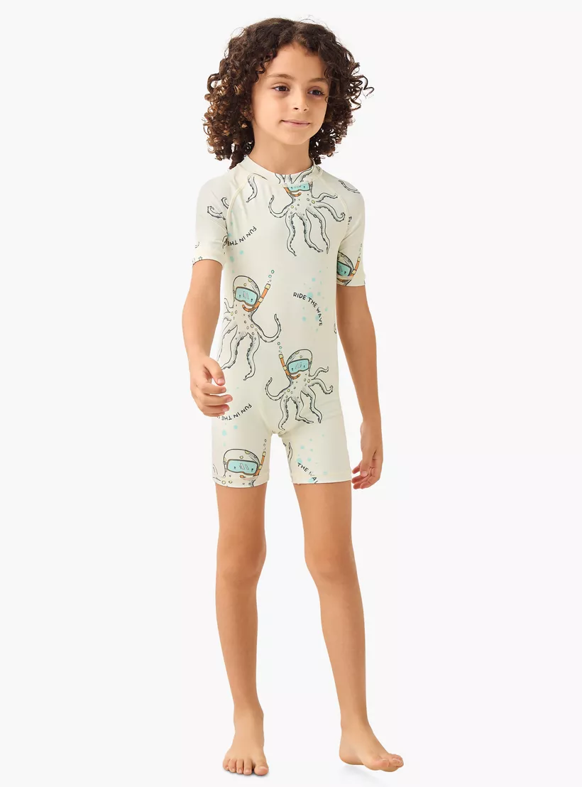 Juniors Octopus Print Swimsuit with Raglan Sleeves and Zip Closure-2