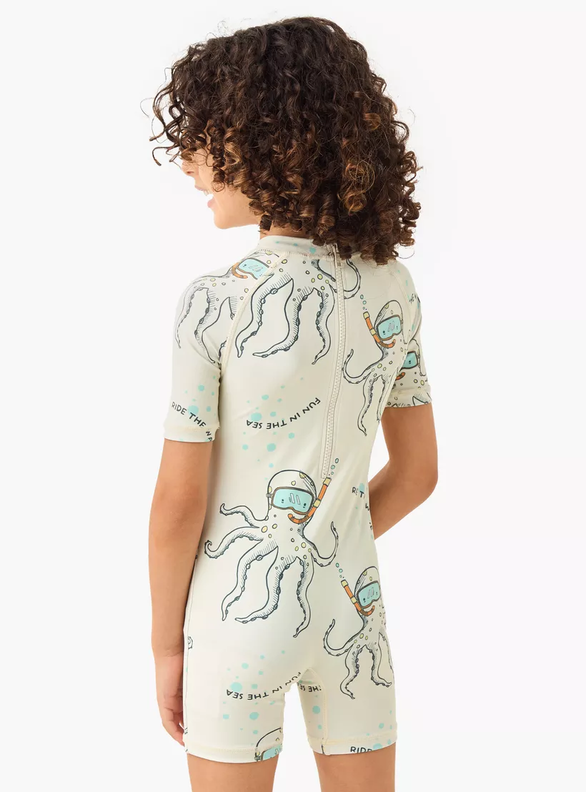 Juniors Octopus Print Swimsuit with Raglan Sleeves and Zip Closure-3
