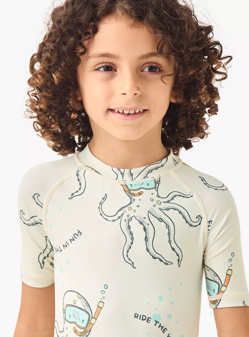 Juniors Octopus Print Swimsuit with Raglan Sleeves and Zip Closure-4