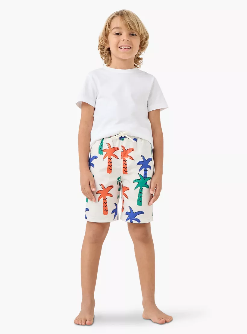 Juniors Palm Tree Print Swim Shorts with Pockets and Drawstring Closure-2