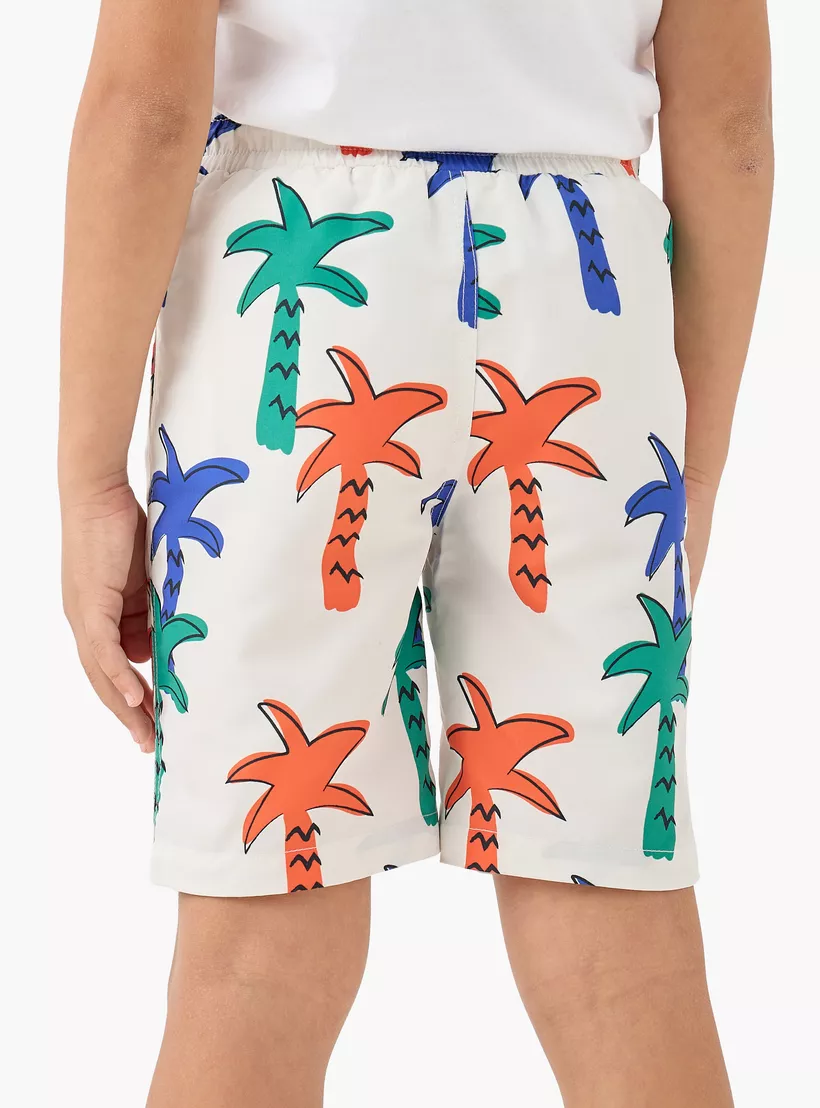 Juniors Palm Tree Print Swim Shorts with Pockets and Drawstring Closure-3