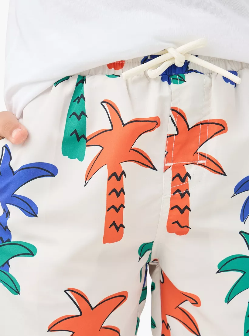 Juniors Palm Tree Print Swim Shorts with Pockets and Drawstring Closure-4