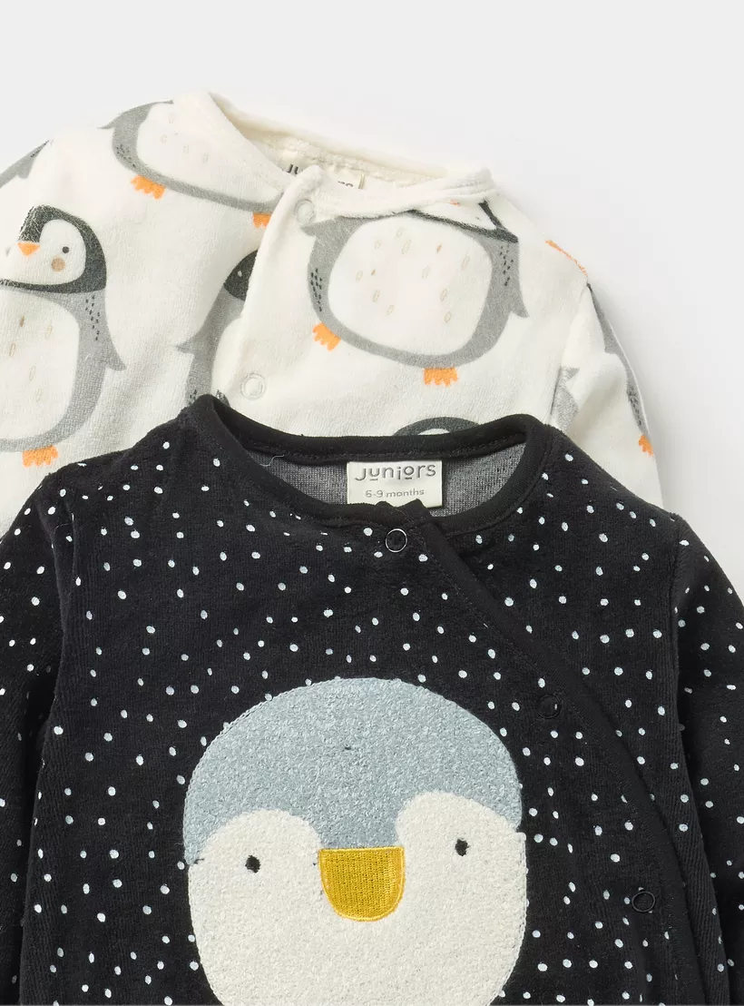 Juniors Penguin Print Closed Feet Sleepsuit with Button Closure - Set of 2-4