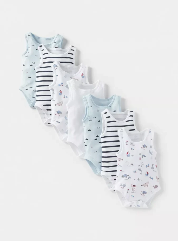 Juniors Printed Sleeveless Bodysuit with Snap Button Closure - Set of 7-1