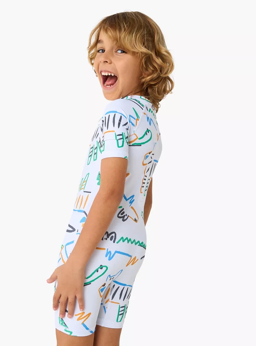 Juniors Printed Swimsuit with Short Sleeves and Zip Closure-3