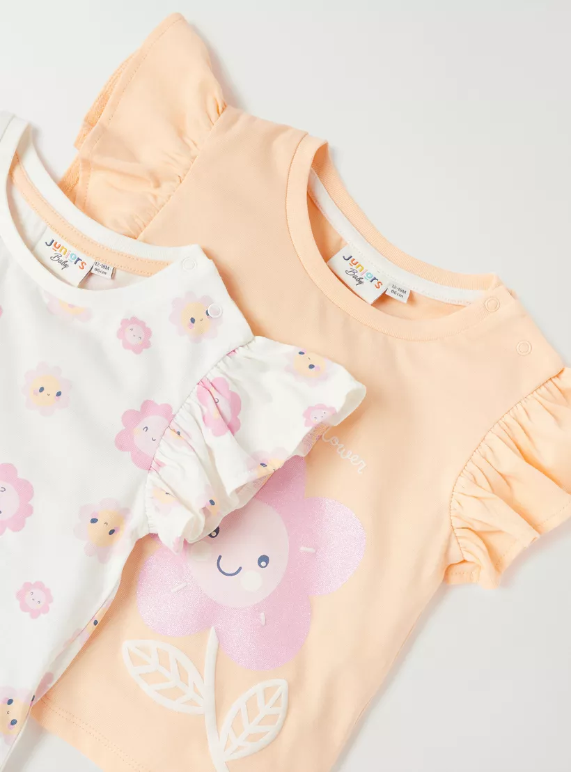 Juniors Printed T-Shirt with Crew Neck and Cap Sleeves-Set of 2-4