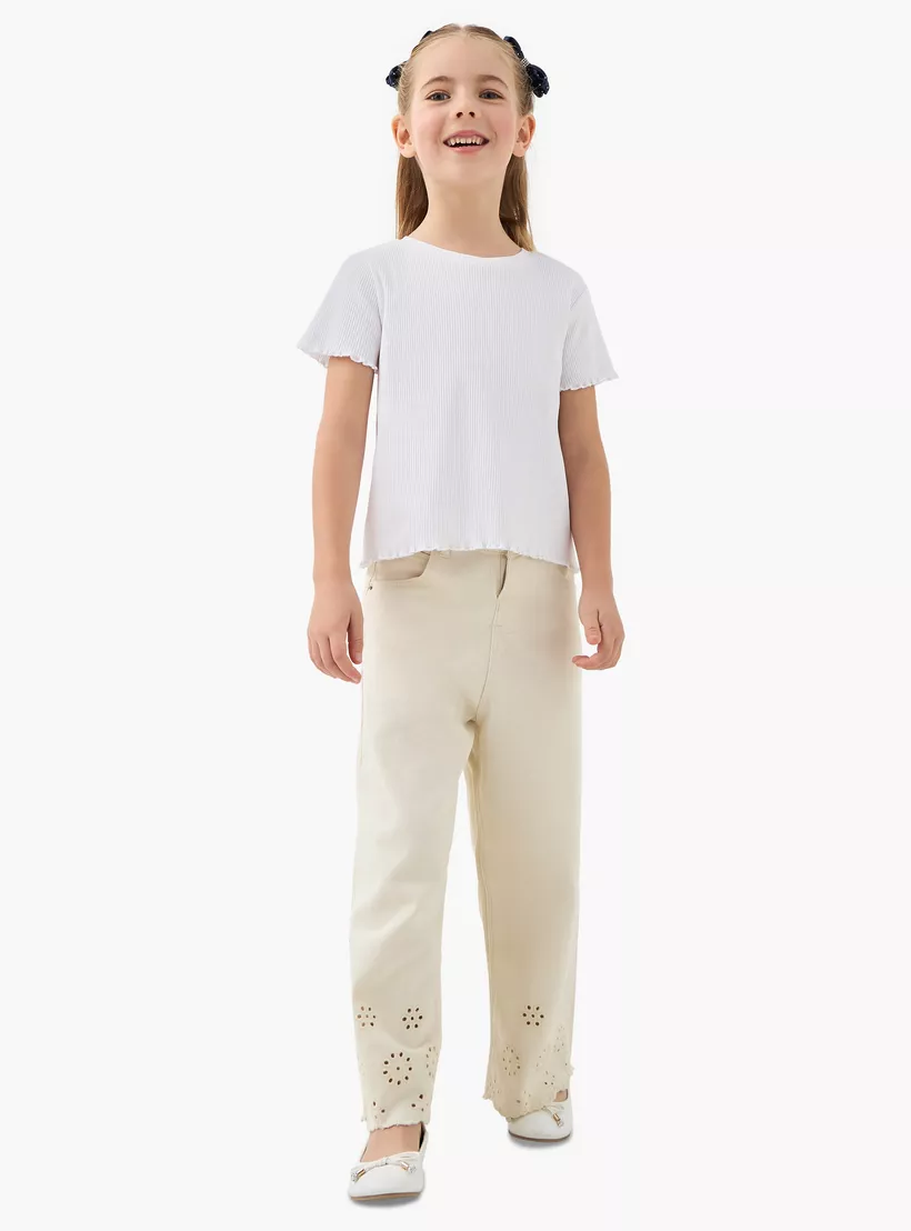 Juniors Ribbed Crew Neck T-shirt with Lettuce Hem-2
