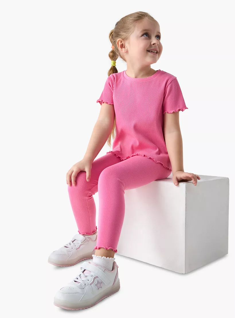 Juniors Ribbed T-shirt with Lettuce Hem and Short Sleeves-2