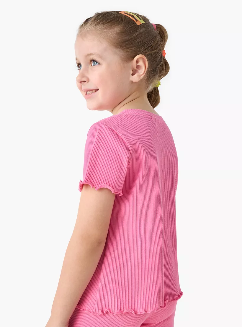 Juniors Ribbed T-shirt with Lettuce Hem and Short Sleeves-3