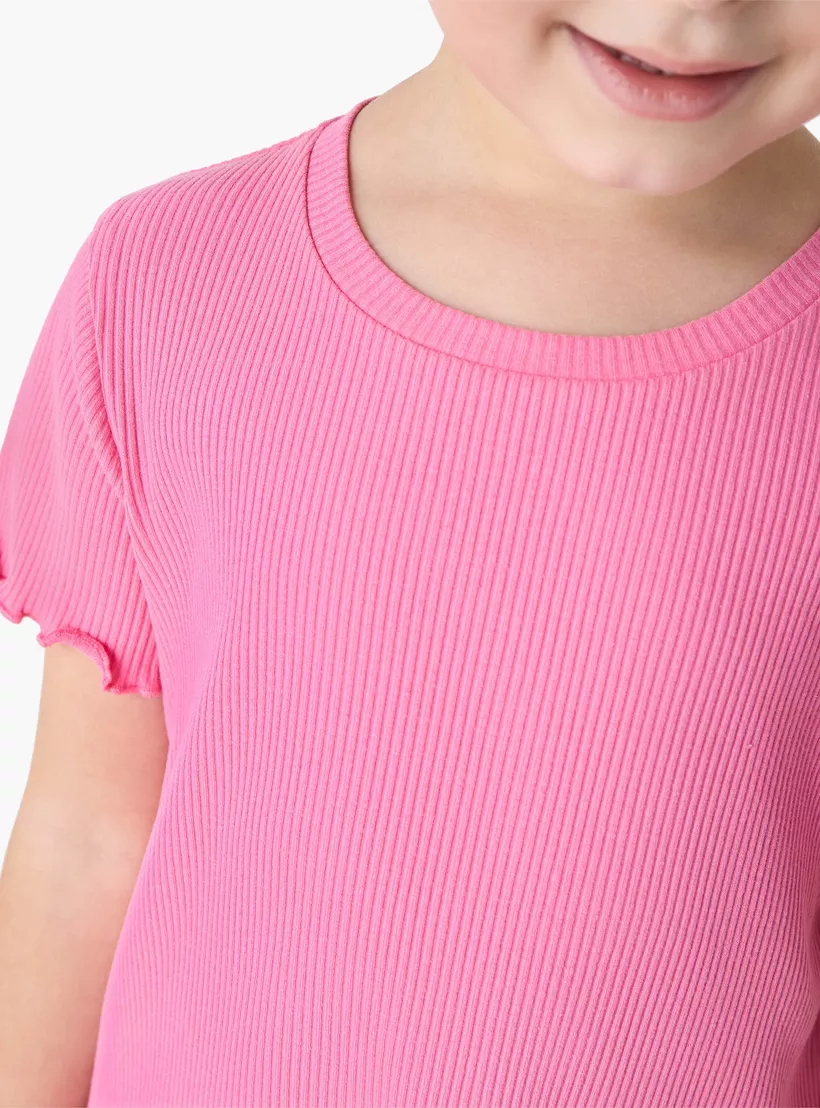Juniors Ribbed T-shirt with Lettuce Hem and Short Sleeves-4