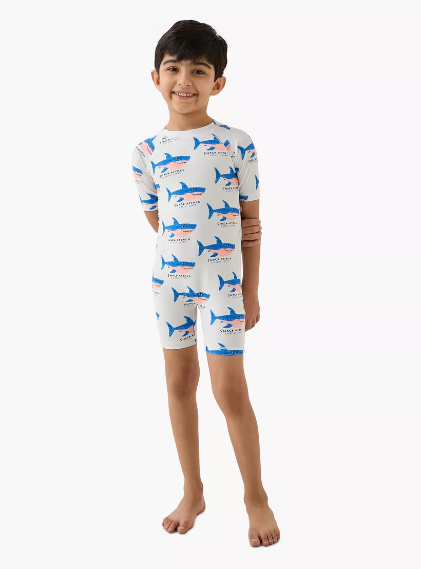 Juniors Shark Print Swimsuit with Short Sleeves-2
