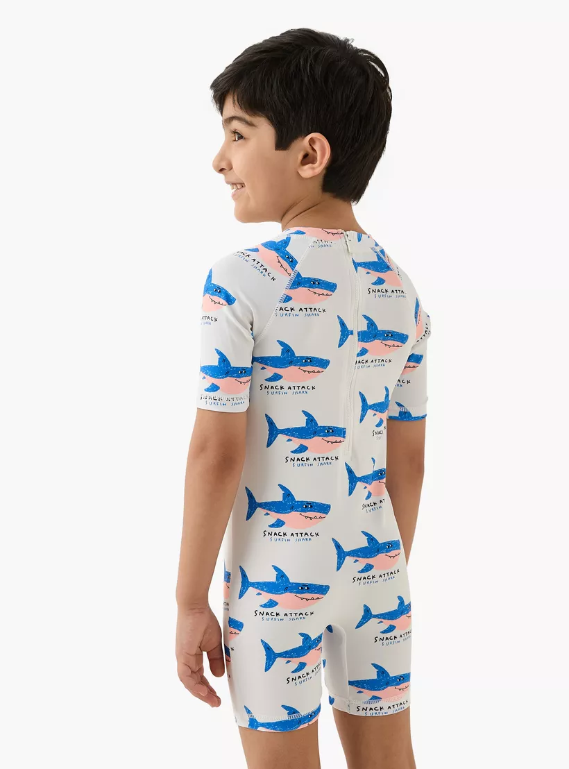 Juniors Shark Print Swimsuit with Short Sleeves-3