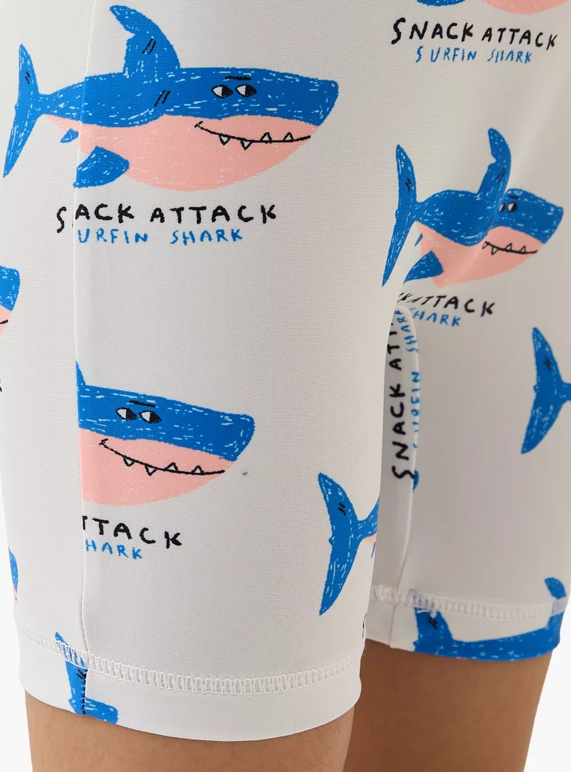 Juniors Shark Print Swimsuit with Short Sleeves-4