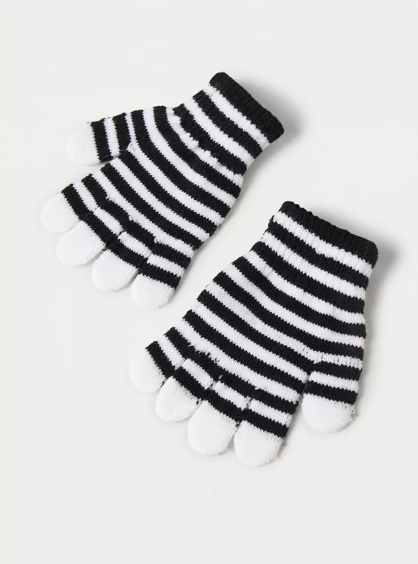 Juniors Solid Beanie Cap with Striped Gloves Set-3