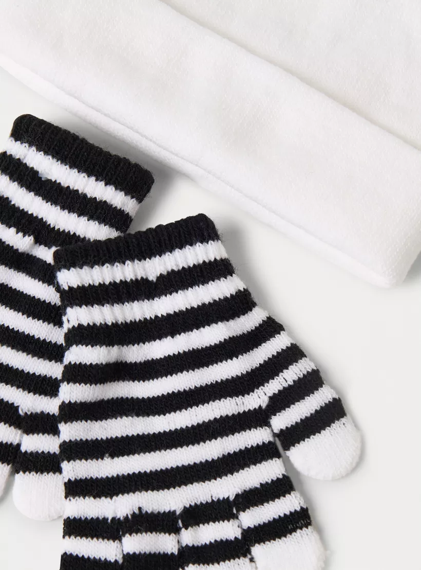 Juniors Solid Beanie Cap with Striped Gloves Set-4