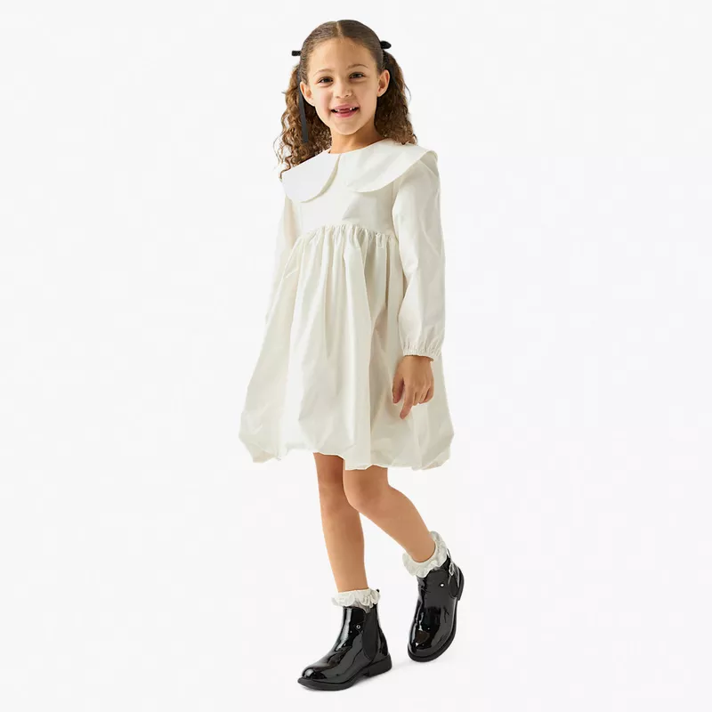 Juniors Solid Peter Pan Collar A-line Dress with Long Sleeves-2