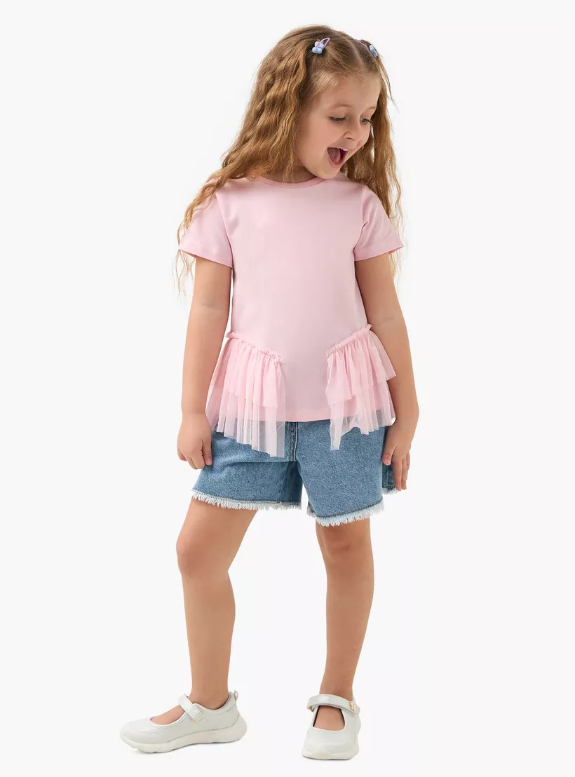 Juniors Solid Top with Tulle Detail and Short Sleeves-2