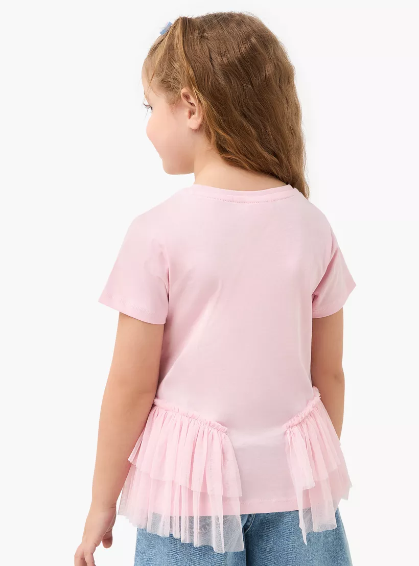 Juniors Solid Top with Tulle Detail and Short Sleeves-3