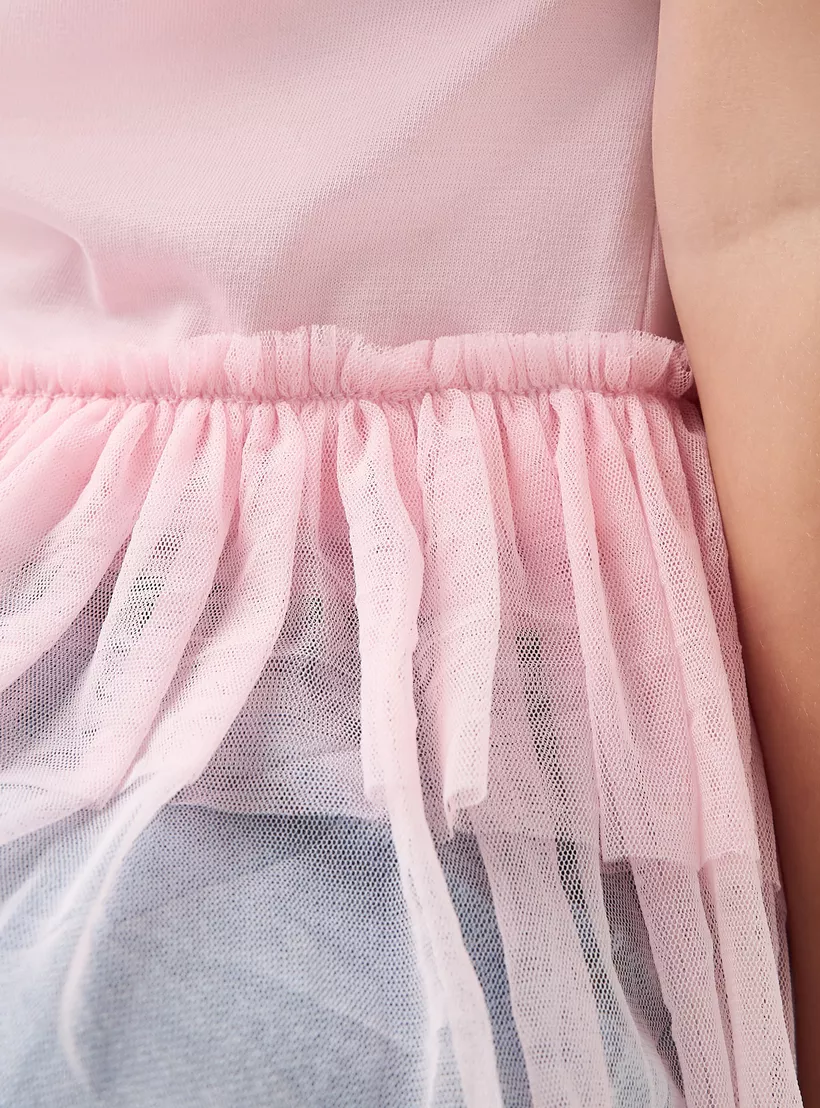 Juniors Solid Top with Tulle Detail and Short Sleeves-4