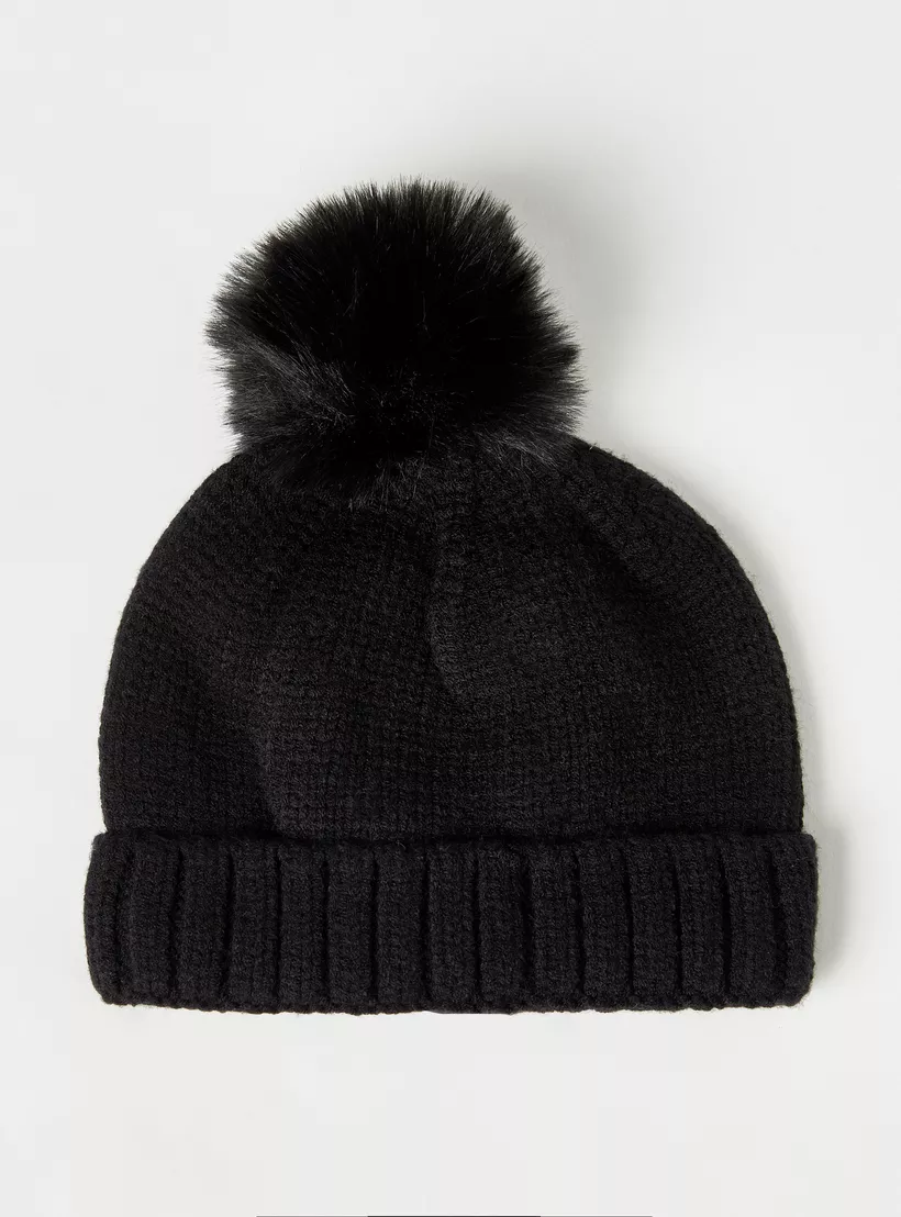 Juniors Textured Beanie with Pom-Pom Accent-2