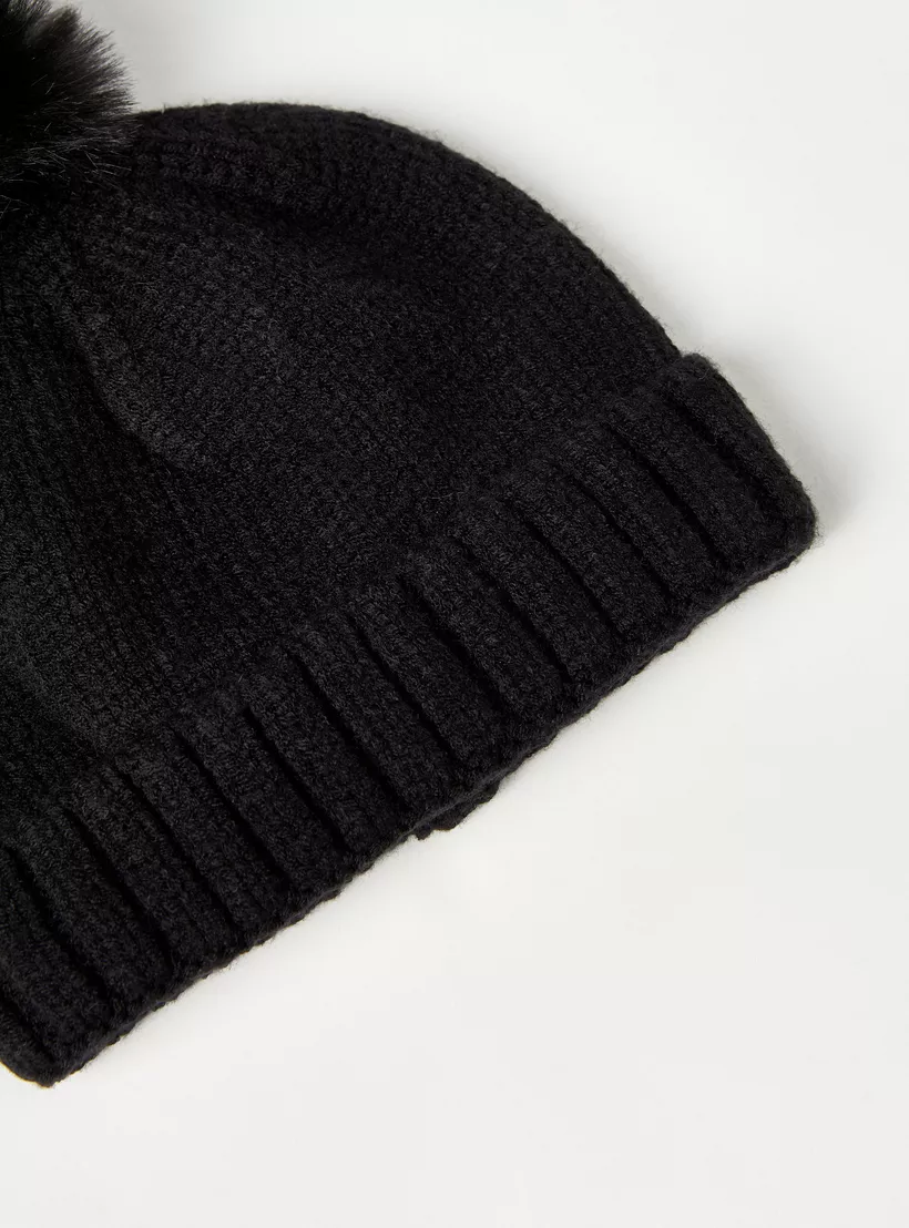 Juniors Textured Beanie with Pom-Pom Accent-3