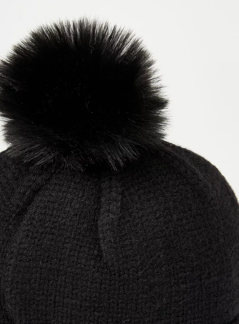 Juniors Textured Beanie with Pom-Pom Accent-4