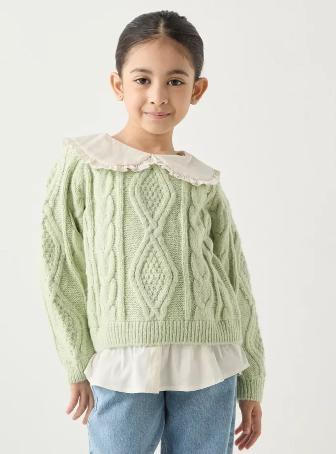 Juniors Textured Pullover with Long Sleeves and Peter Pan Collar-1