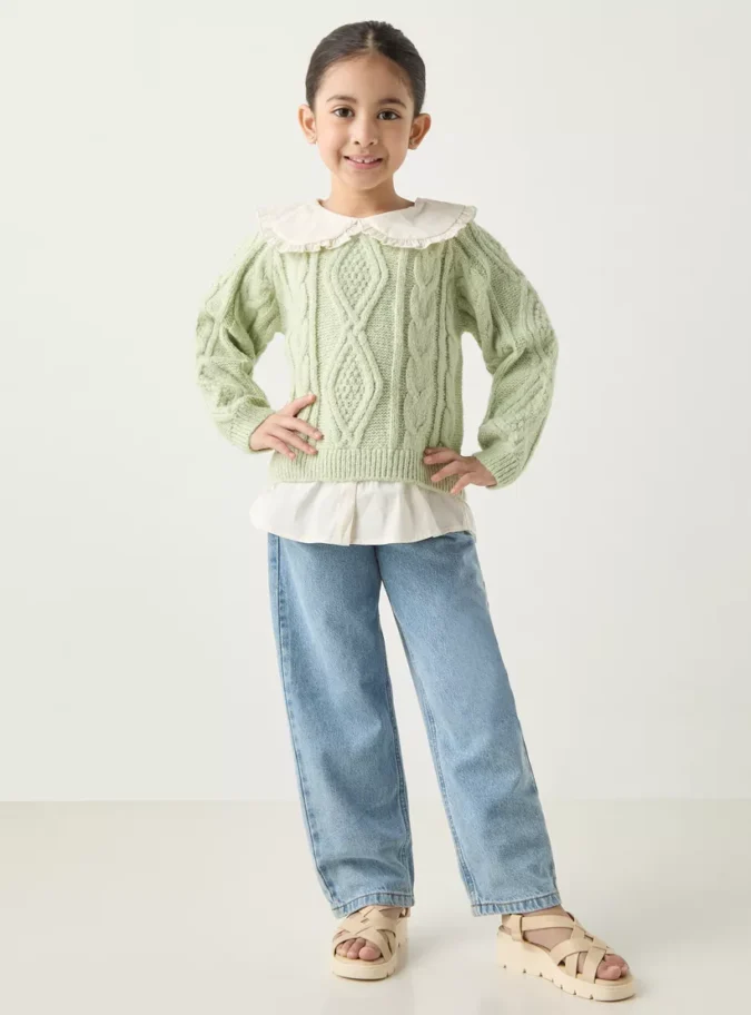 Juniors Textured Pullover with Long Sleeves and Peter Pan Collar-2
