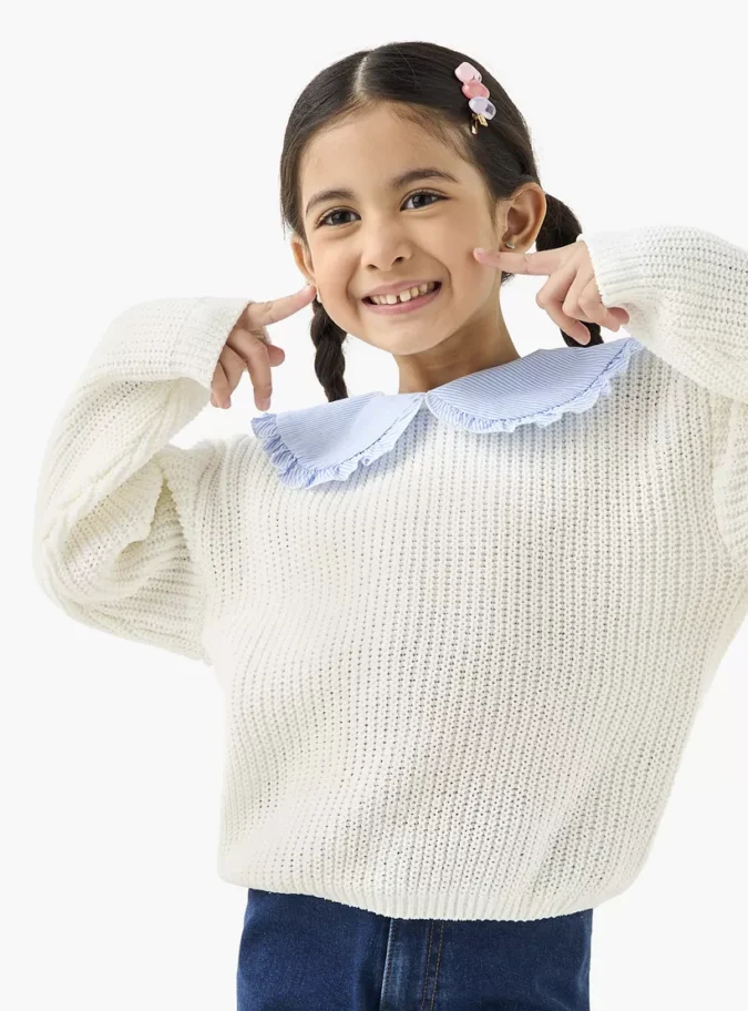 Juniors Textured Pullover with Peter Pan Collar and Long Sleeves-1