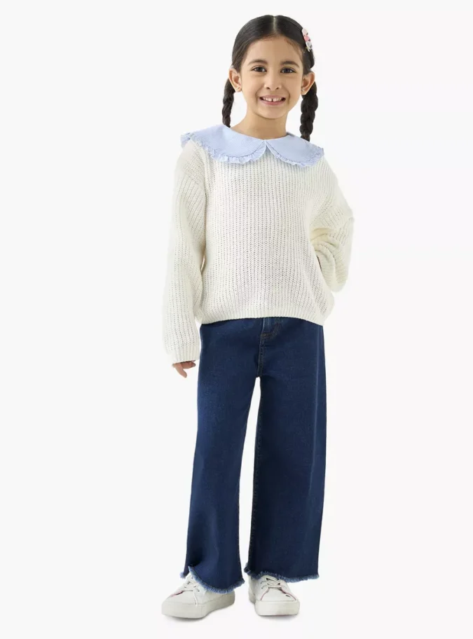 Juniors Textured Pullover with Peter Pan Collar and Long Sleeves-2