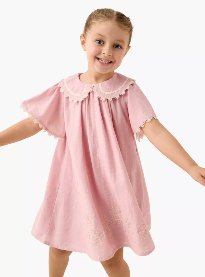 Lace Detail Peter Pan Collar Dress with Flutter Sleeves-1