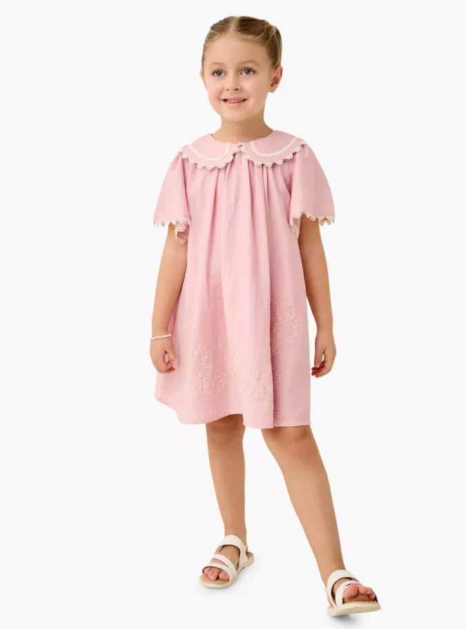 Lace Detail Peter Pan Collar Dress with Flutter Sleeves-2