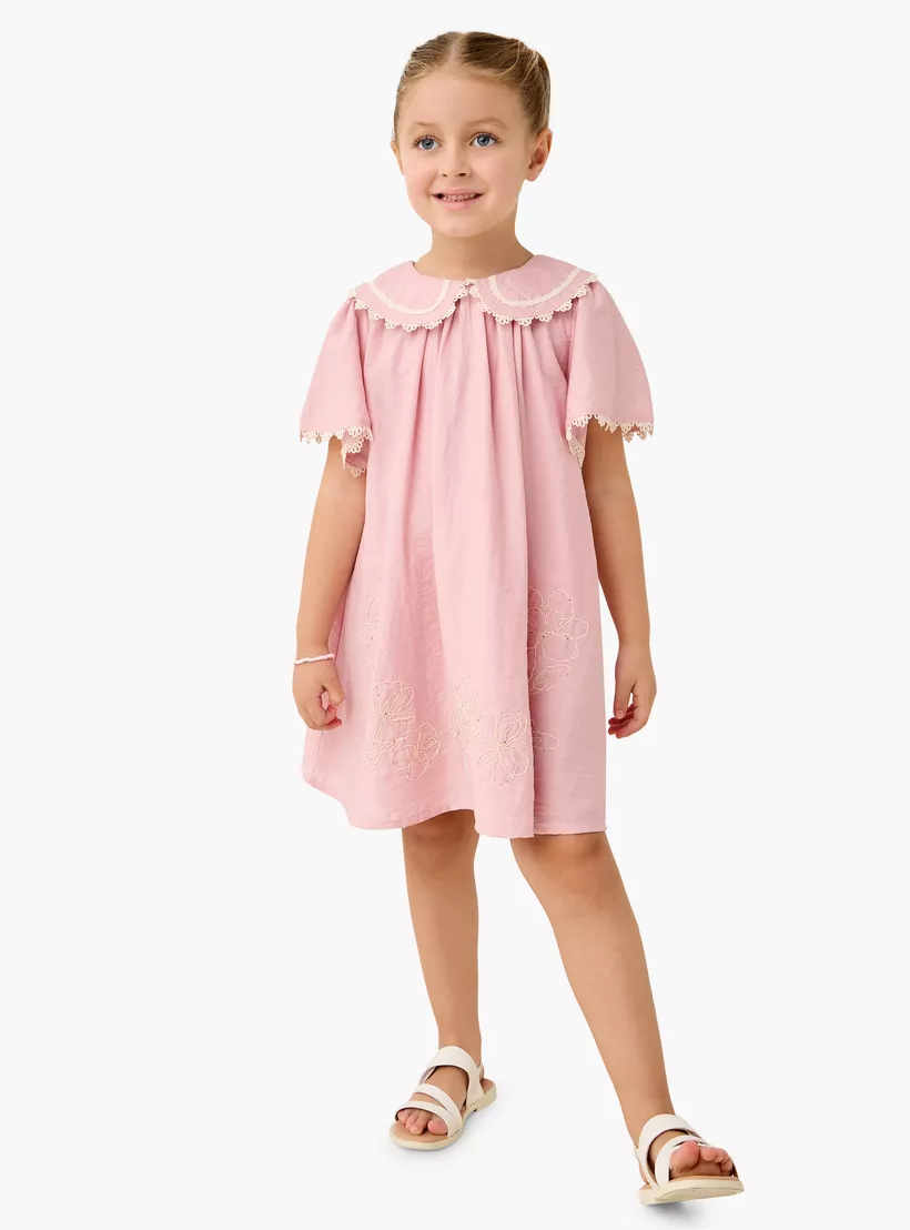 Lace Detail Peter Pan Collar Dress with Flutter Sleeves-2